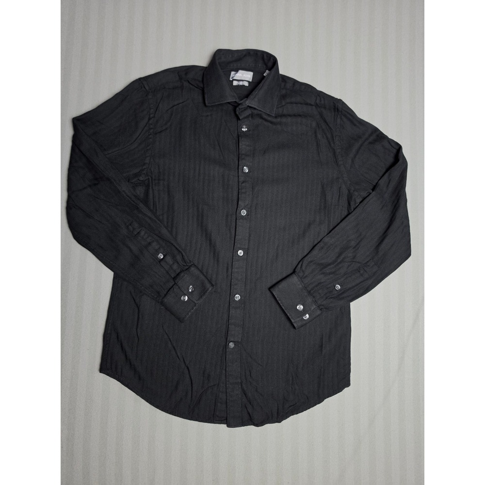 Michael Kors Mens Slim Fit Herringbone Button Down Shirt Black Size M 15
